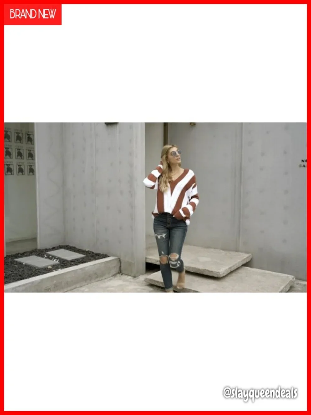 Soft Knitted V-Neck Pullover Sweater for Women Long Sleeve Striped Tops Fall